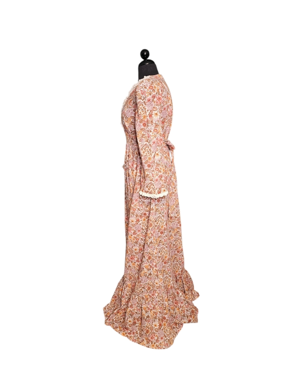 Vintage 70s Cottagecore Floral Lace-Trim Bell Sleeve Maxi Dress sz S Women's - Picture 3 of 7